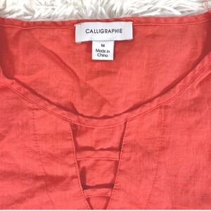 Calligraphie Linen Coral V Neck Lattice Detail Tunic Top Women's Medium Beach